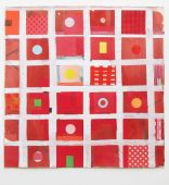 red and white grid collage on paper, 57 x 58 cm
